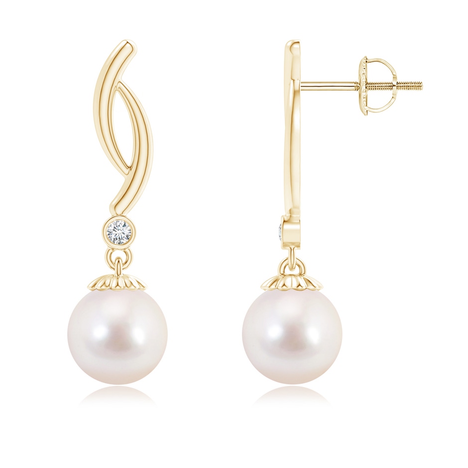 8mm AAAA Akoya Cultured Pearl Twist Drop Earrings with Diamonds in Yellow Gold 
