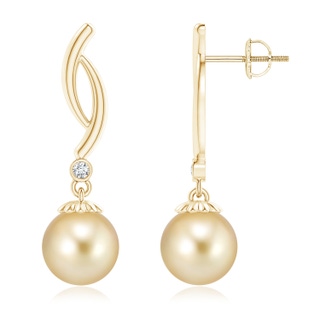 9mm AAAA Golden South Sea Cultured Pearl Twist Drop Earrings in Yellow Gold