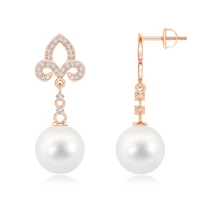 10mm AAA Freshwater Cultured Pearl Fleur De Lis Drop Earrings in Rose Gold