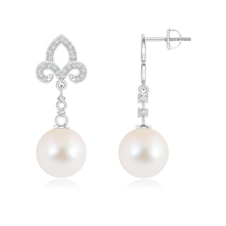 10mm AAAA Freshwater Cultured Pearl Fleur De Lis Drop Earrings in 9K White Gold