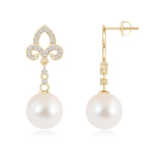 10mm AAAA Freshwater Cultured Pearl Fleur De Lis Drop Earrings in Yellow Gold