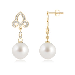 10mm AAA South Sea Cultured Pearl Fleur De Lis Drop Earrings in Yellow Gold