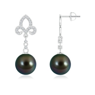 10mm AAAA Tahitian Cultured Pearl Fleur De Lis Drop Earrings in White Gold