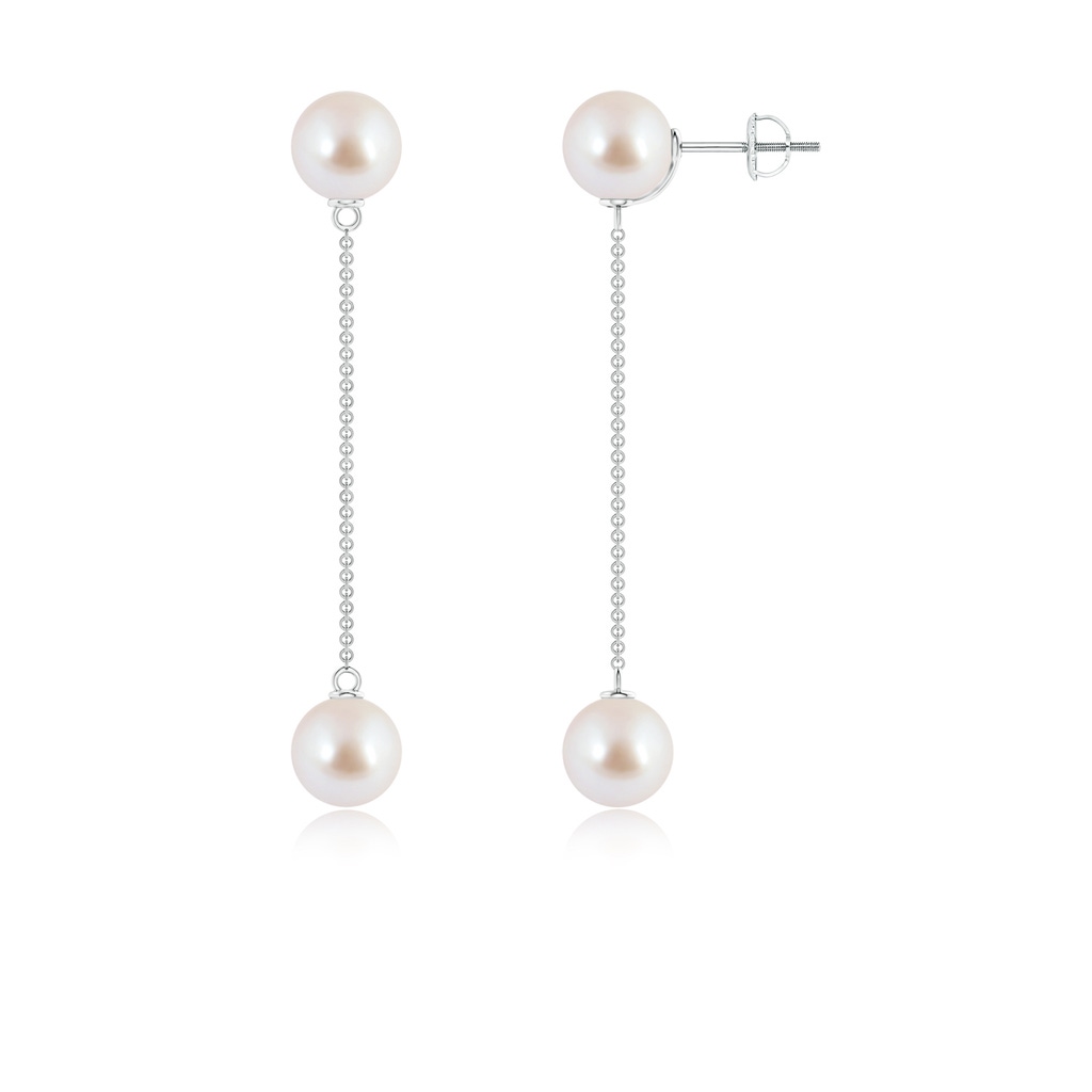 8mm AAA Akoya Cultured Pearl Long Chain Drop Earrings in White Gold