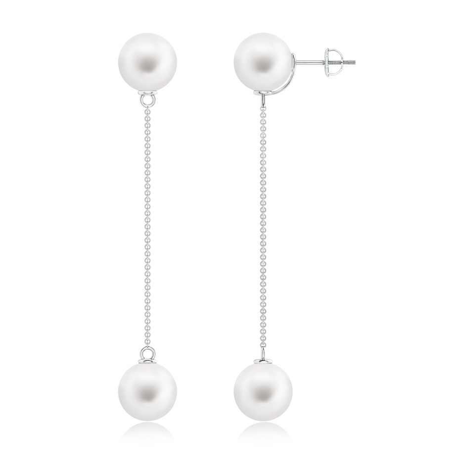 10mm AA Freshwater Cultured Pearl Long Chain Drop Earrings in White Gold 