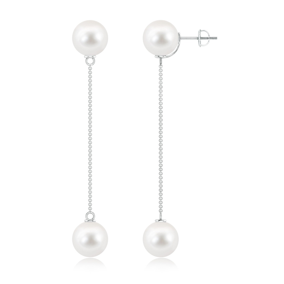 10mm AAA Freshwater Cultured Pearl Long Chain Drop Earrings in White Gold 