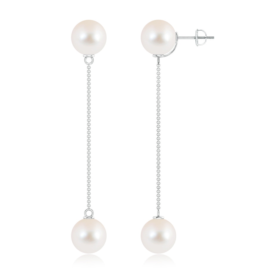 10mm AAAA Freshwater Cultured Pearl Long Chain Drop Earrings in White Gold 