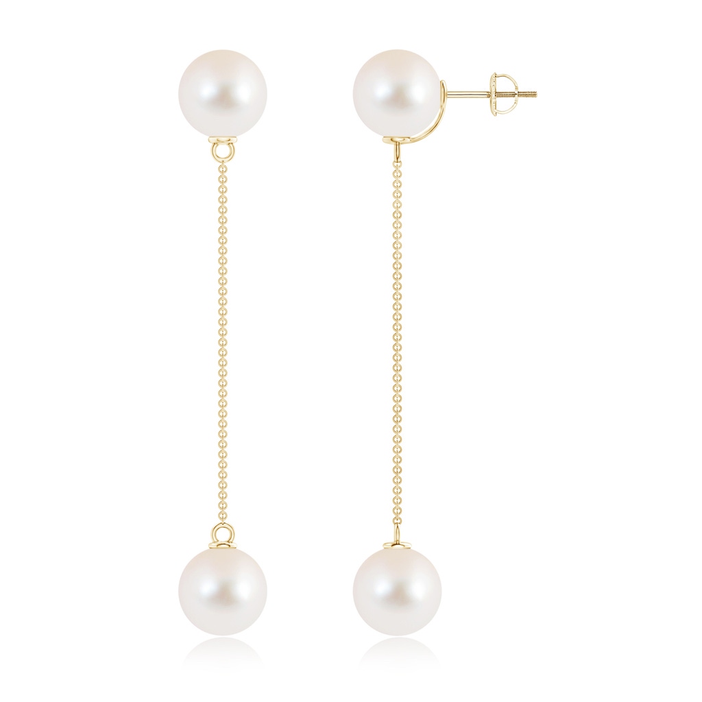 10mm AAAA Freshwater Cultured Pearl Long Chain Drop Earrings in Yellow Gold