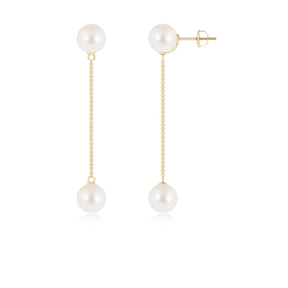 8mm AAAA Freshwater Cultured Pearl Long Chain Drop Earrings in Yellow Gold 