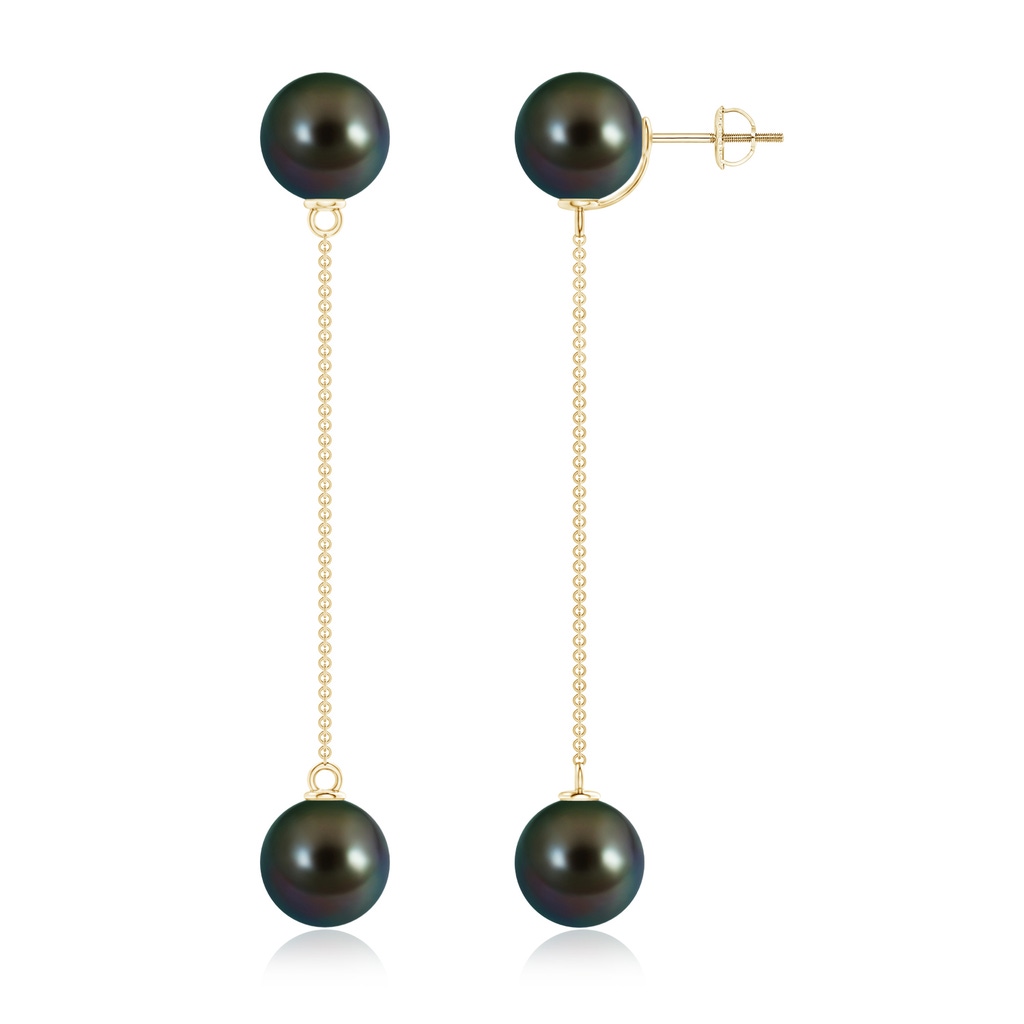 10mm AAAA Tahitian Pearl Long Chain Drop Earrings in Yellow Gold