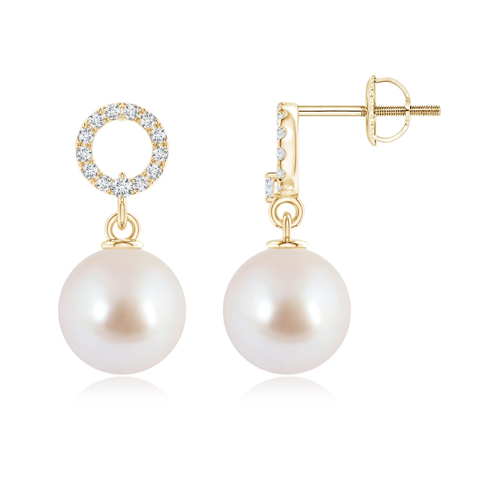 8mm AAA Akoya Cultured Pearl Circle Drop Earrings with Diamonds in Yellow Gold