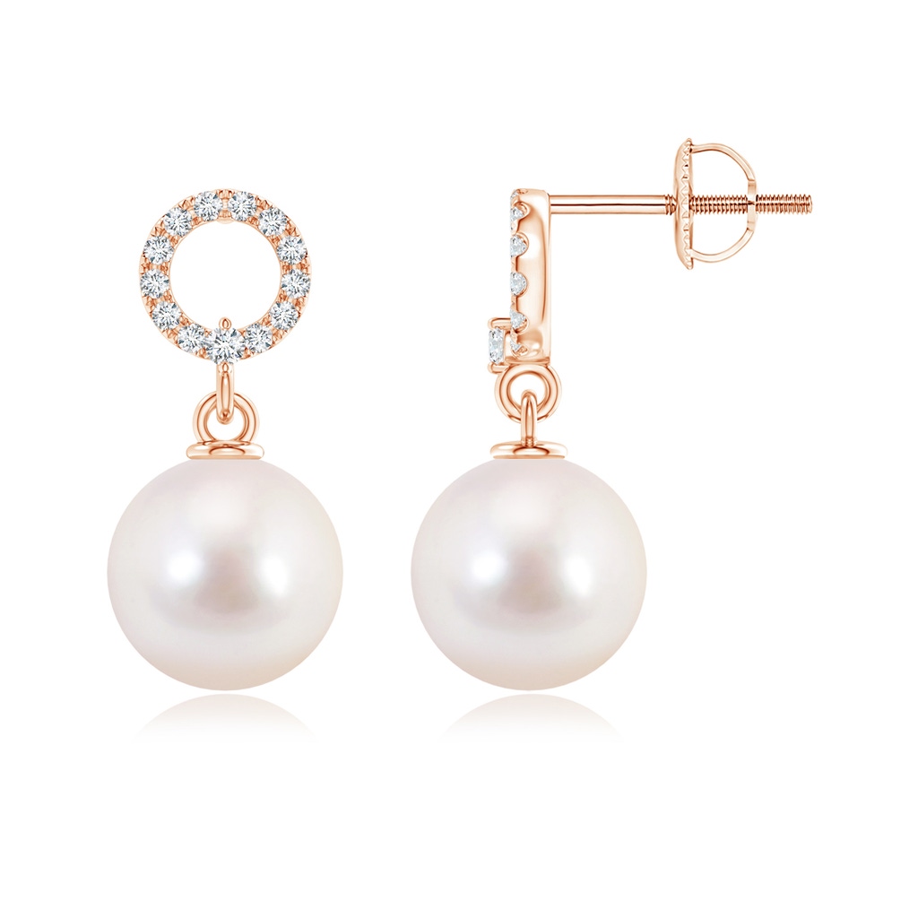 8mm AAAA Akoya Cultured Pearl Circle Drop Earrings with Diamonds in Rose Gold