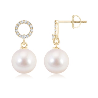 8mm AAAA Akoya Cultured Pearl Circle Drop Earrings with Diamonds in Yellow Gold