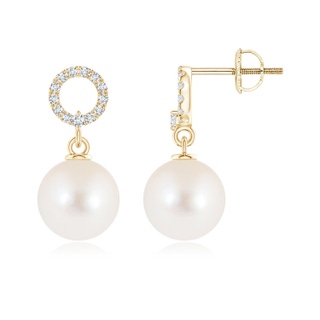8mm AAAA Freshwater Cultured Pearl Circle Drop Earrings with Diamonds in Yellow Gold