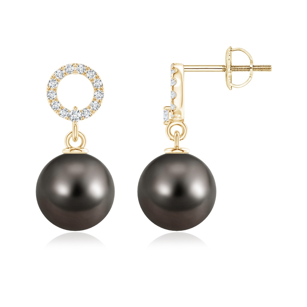 8mm AAA Tahitian Pearl Circle Drop Earrings with Diamonds in Yellow Gold