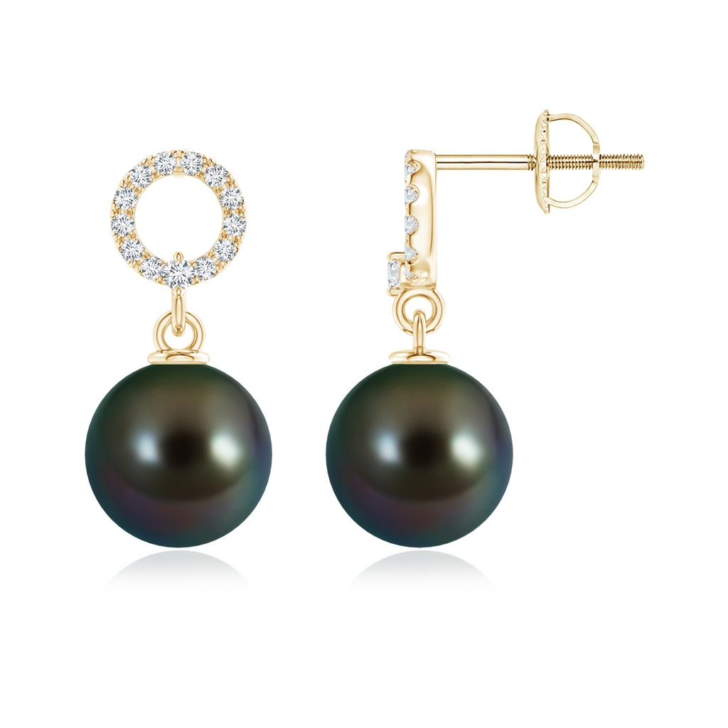 8mm AAAA Tahitian Pearl Circle Drop Earrings with Diamonds in Yellow Gold