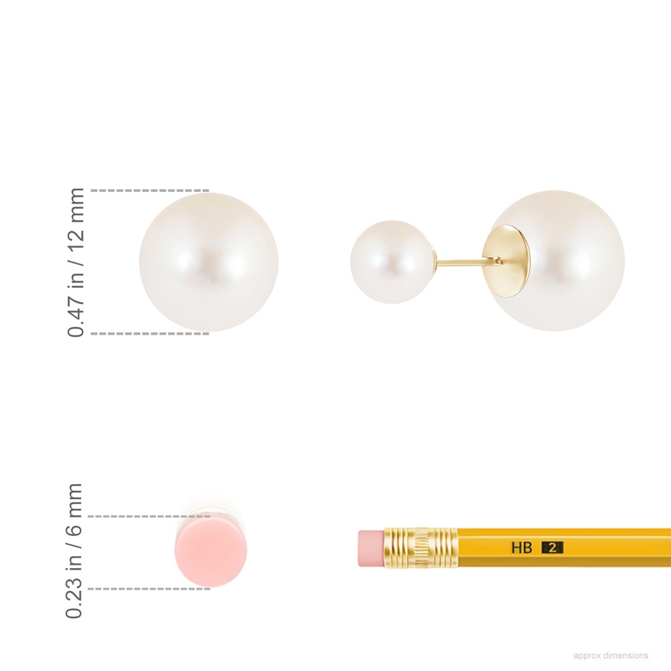 12mm AAAA Freshwater Pearl Double Sided Stud Earrings in 18K Yellow Gold ruler