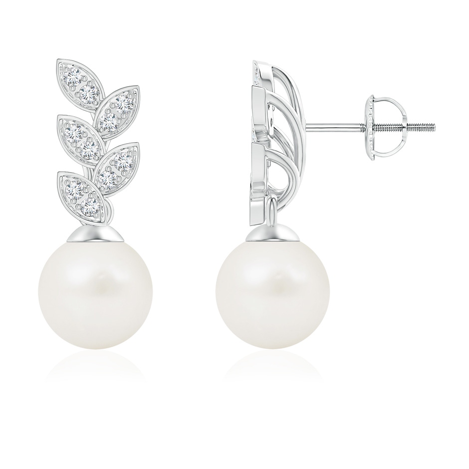 8mm A Freshwater Pearl & Diamond Leaf Earrings in 9K White Gold 