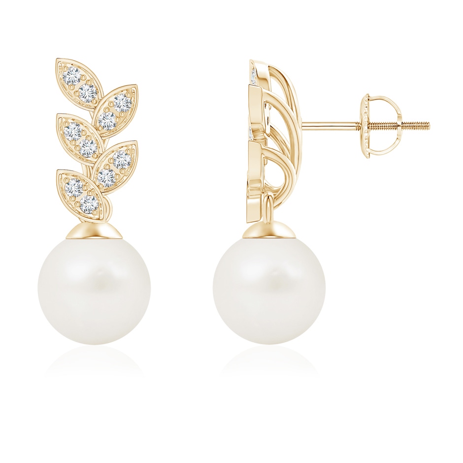 8mm A Freshwater Pearl & Diamond Leaf Earrings in Yellow Gold 