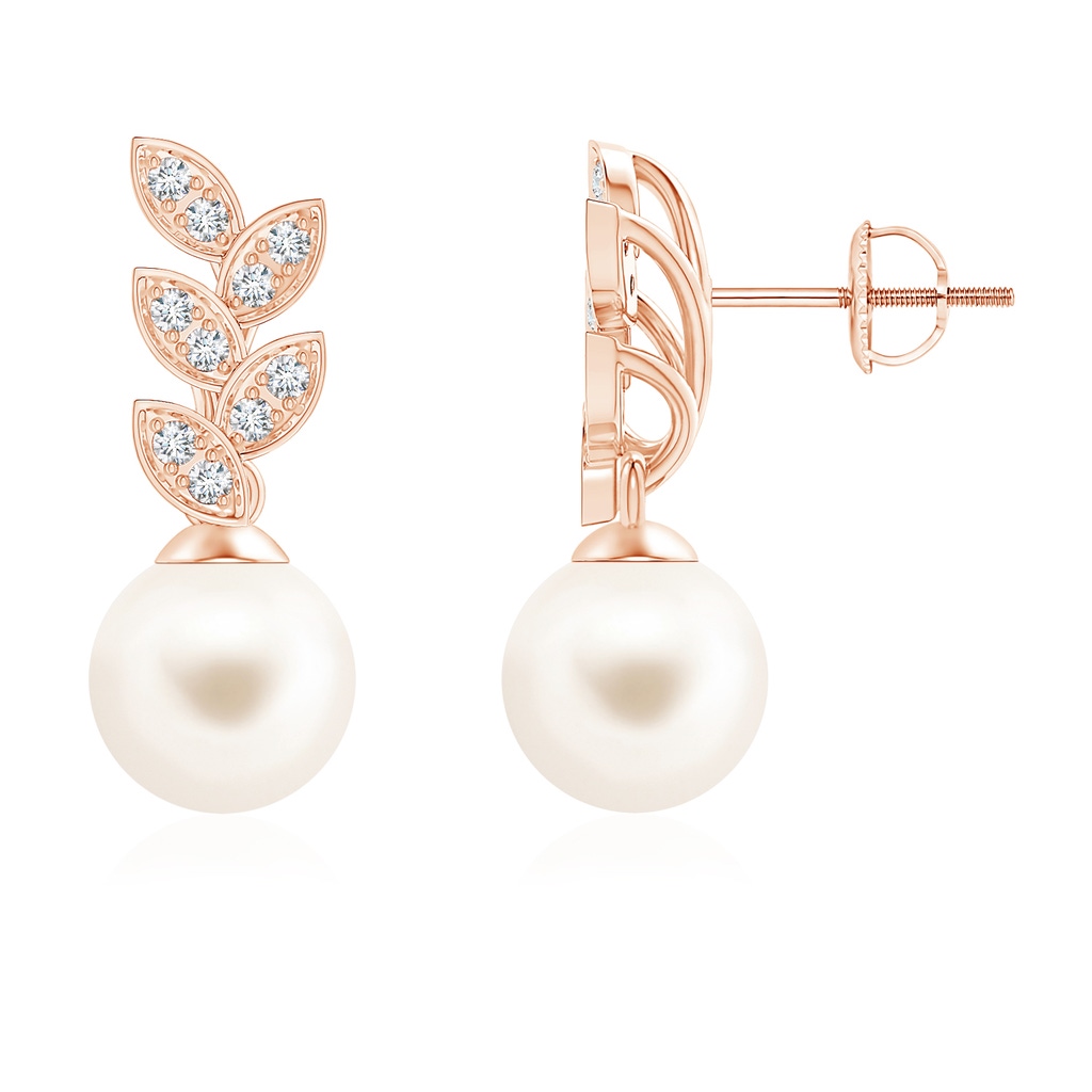 8mm AAA Freshwater Pearl & Diamond Leaf Earrings in Rose Gold