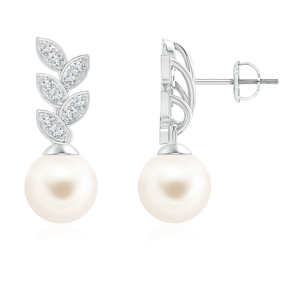 8mm AAA Freshwater Pearl & Diamond Leaf Earrings in White Gold