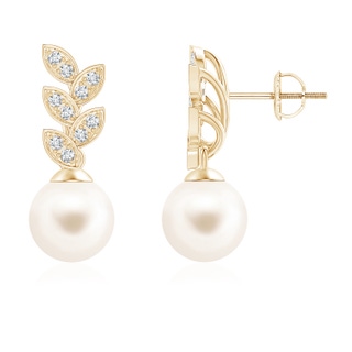 8mm AAA Freshwater Pearl & Diamond Leaf Earrings in Yellow Gold