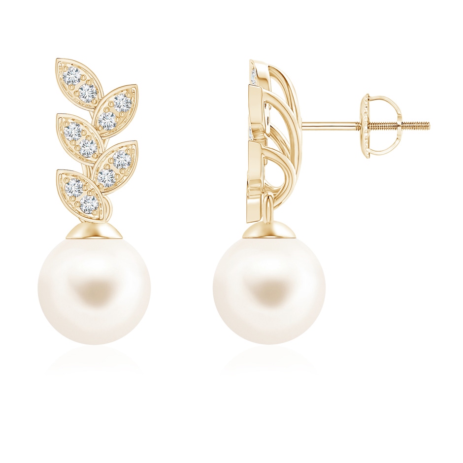 8mm AAA Freshwater Pearl & Diamond Leaf Earrings in Yellow Gold 