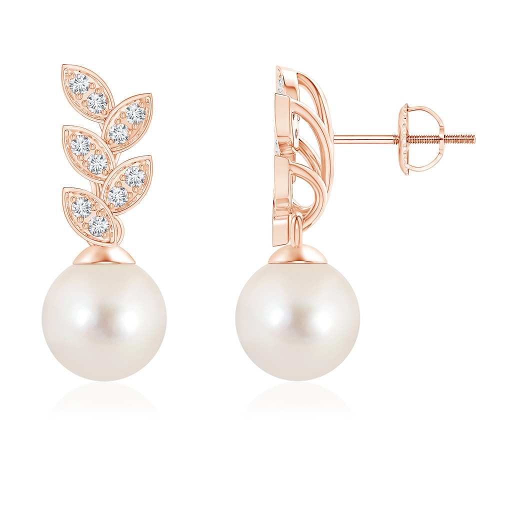 8mm AAAA Freshwater Pearl & Diamond Leaf Earrings in Rose Gold