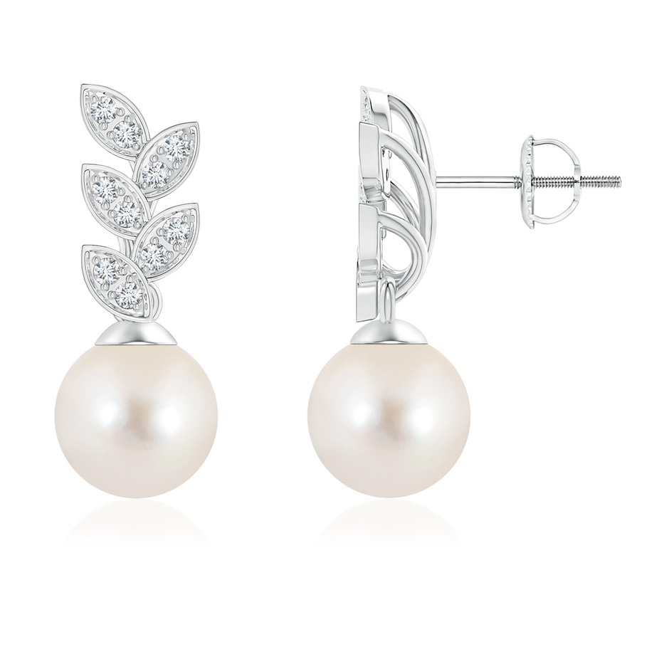 8mm AAAA Freshwater Pearl & Diamond Leaf Earrings in White Gold 