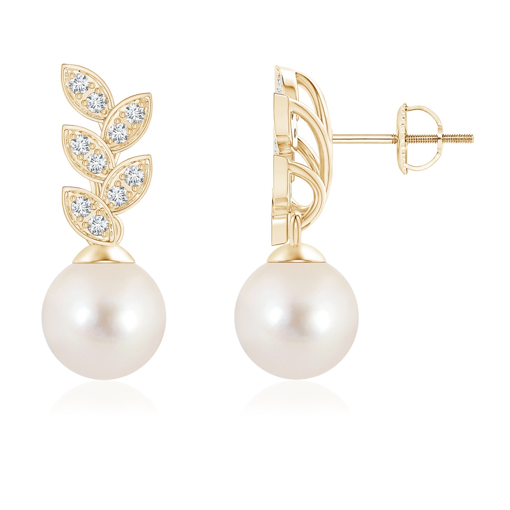 8mm AAAA Freshwater Pearl & Diamond Leaf Earrings in Yellow Gold