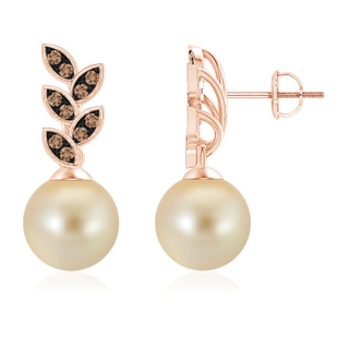 9mm AAA Golden South Sea Pearl & Coffee Diamond Leaf Earrings in Rose Gold