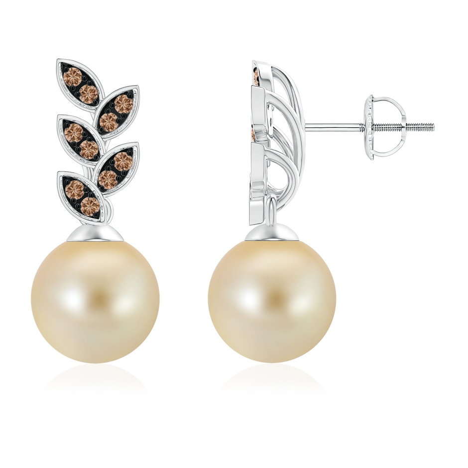 9mm AAA Golden South Sea Pearl & Coffee Diamond Leaf Earrings in White Gold 