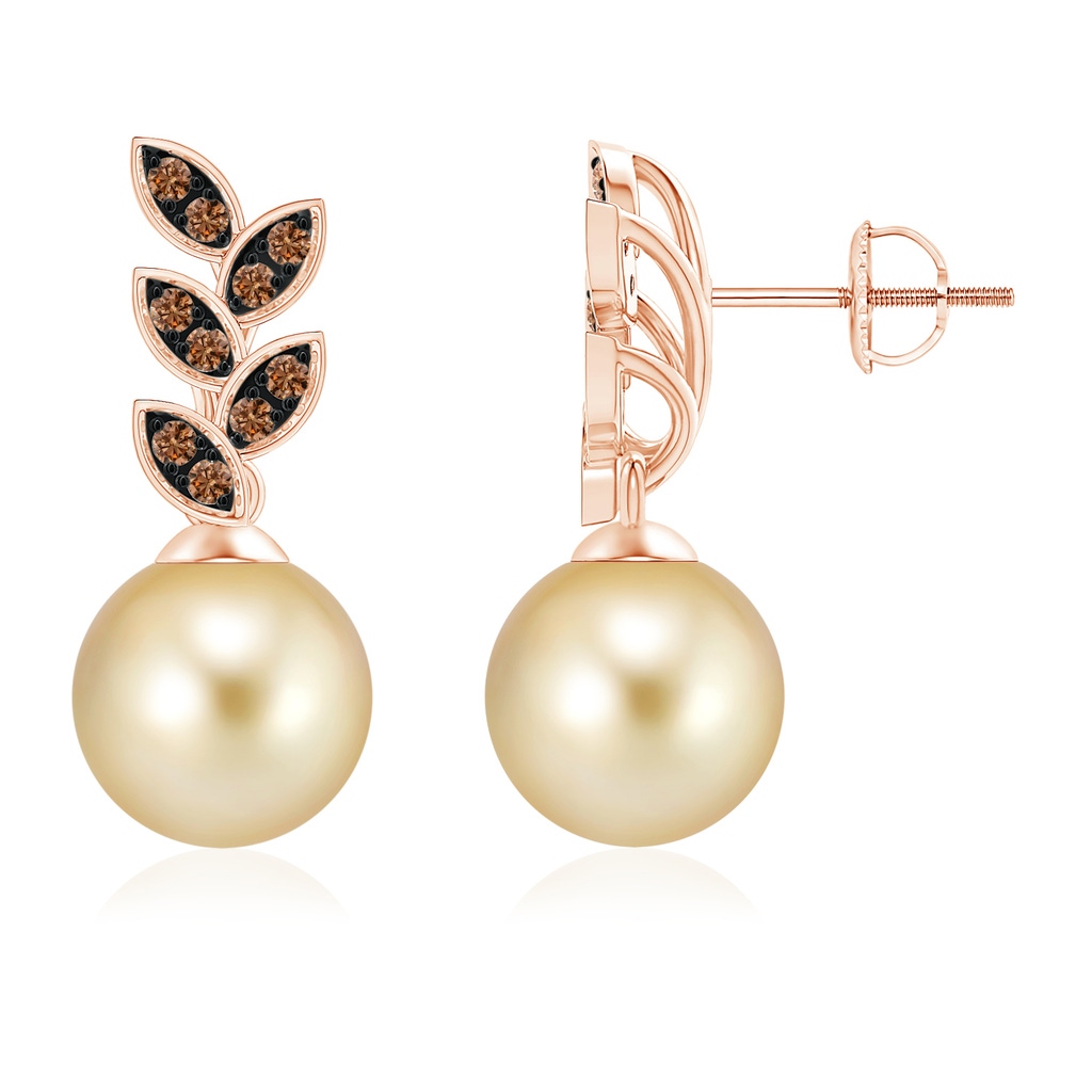 9mm AAAA Golden South Sea Pearl & Coffee Diamond Leaf Earrings in Rose Gold