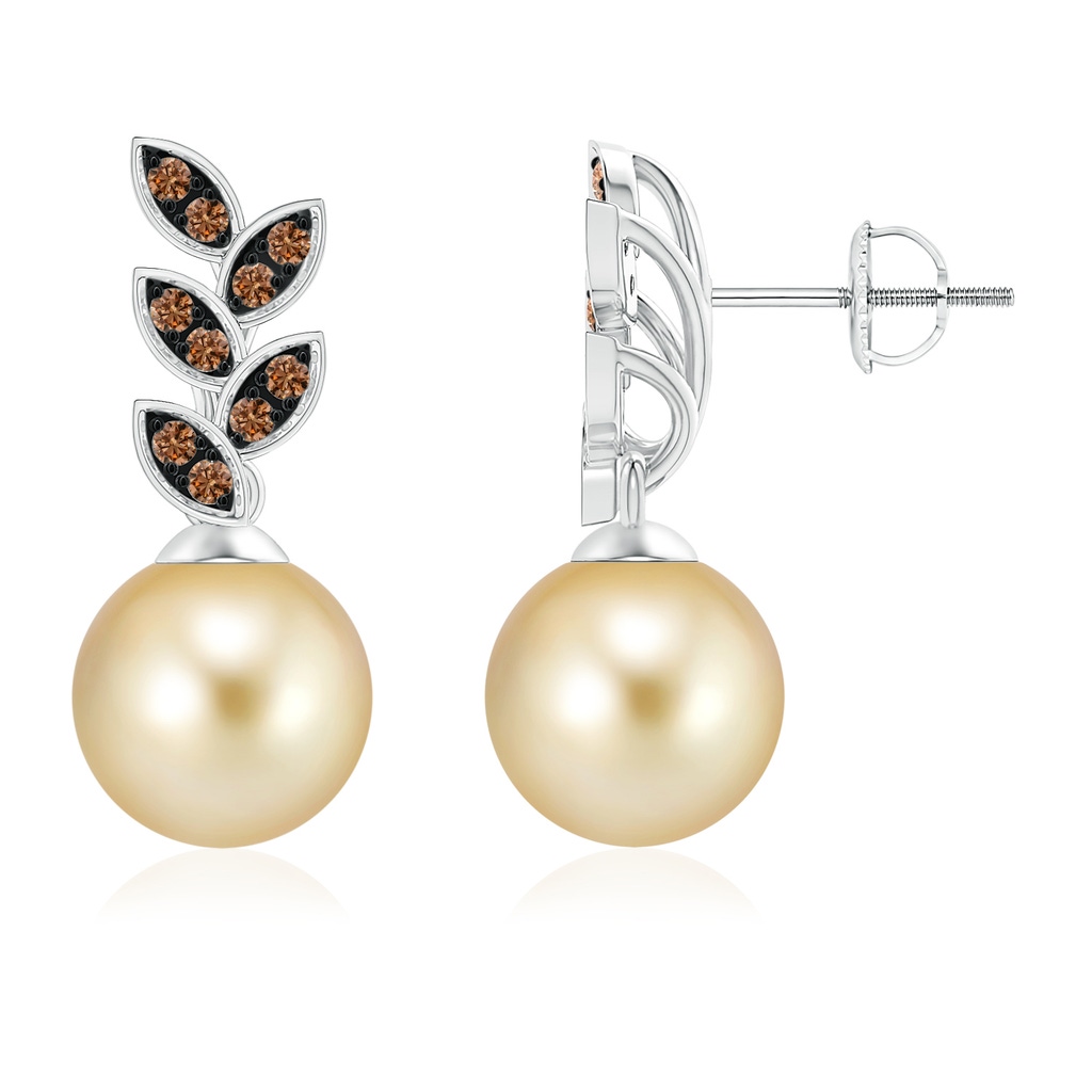 9mm AAAA Golden South Sea Pearl & Coffee Diamond Leaf Earrings in White Gold