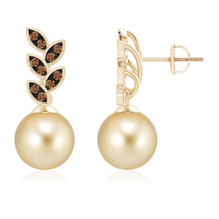 9mm AAAA Golden South Sea Pearl & Coffee Diamond Leaf Earrings in Yellow Gold