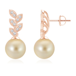 9mm AAA Golden South Sea Cultured Pearl & Diamond Leaf Earrings in Rose Gold