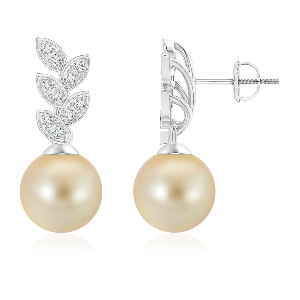 9mm AAA Golden South Sea Cultured Pearl & Diamond Leaf Earrings in White Gold