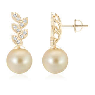 9mm AAA Golden South Sea Cultured Pearl & Diamond Leaf Earrings in Yellow Gold