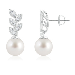 8mm AAA South Sea Cultured Pearl & Diamond Leaf Earrings in White Gold