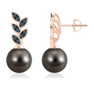 9mm AAA Tahitian Cultured Pearl & Enhanced Blue Diamond Leaf Earrings in Rose Gold