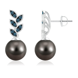 9mm AAA Tahitian Cultured Pearl & Enhanced Blue Diamond Leaf Earrings in White Gold