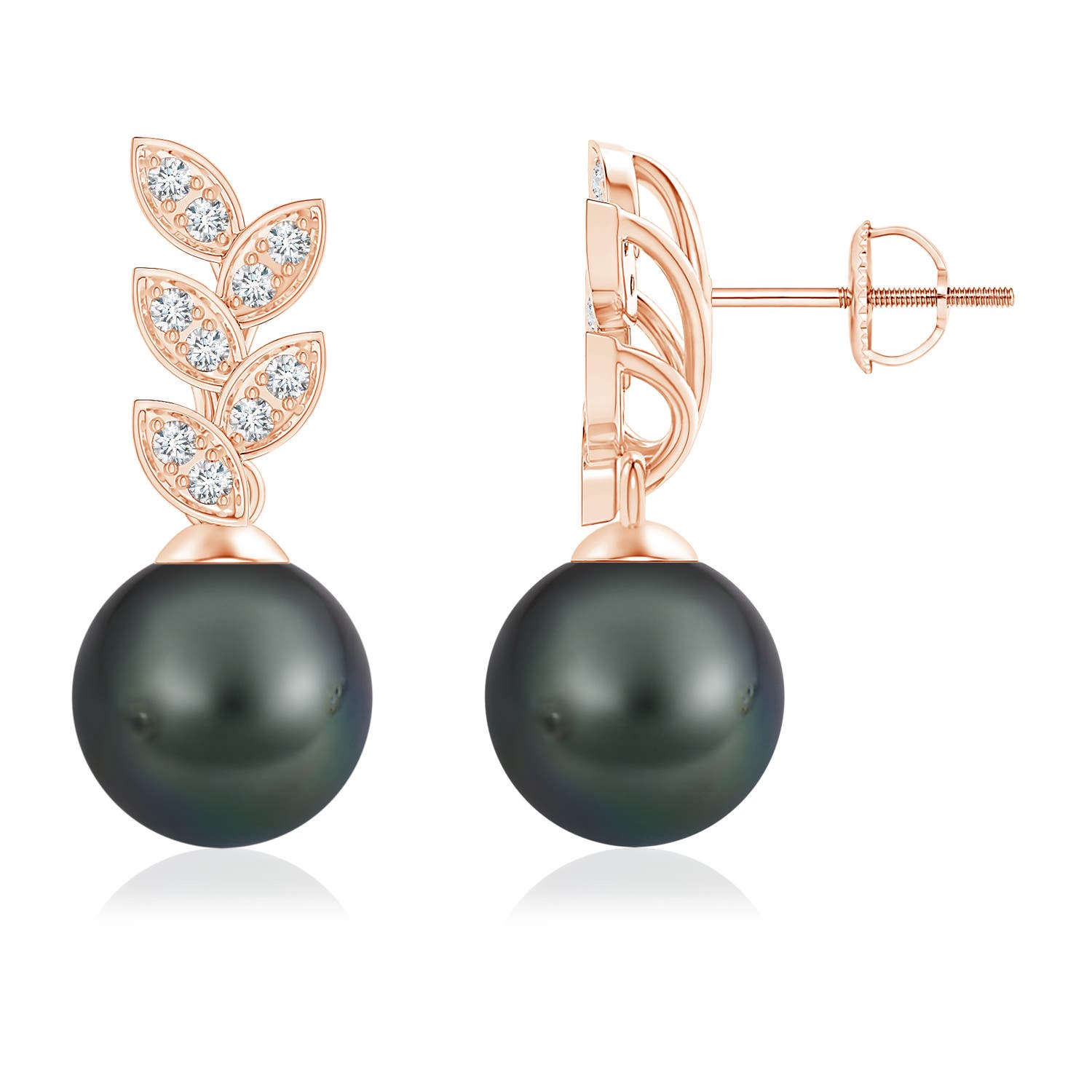 9mm A Tahitian Pearl & Diamond Leaf Earrings in Rose Gold