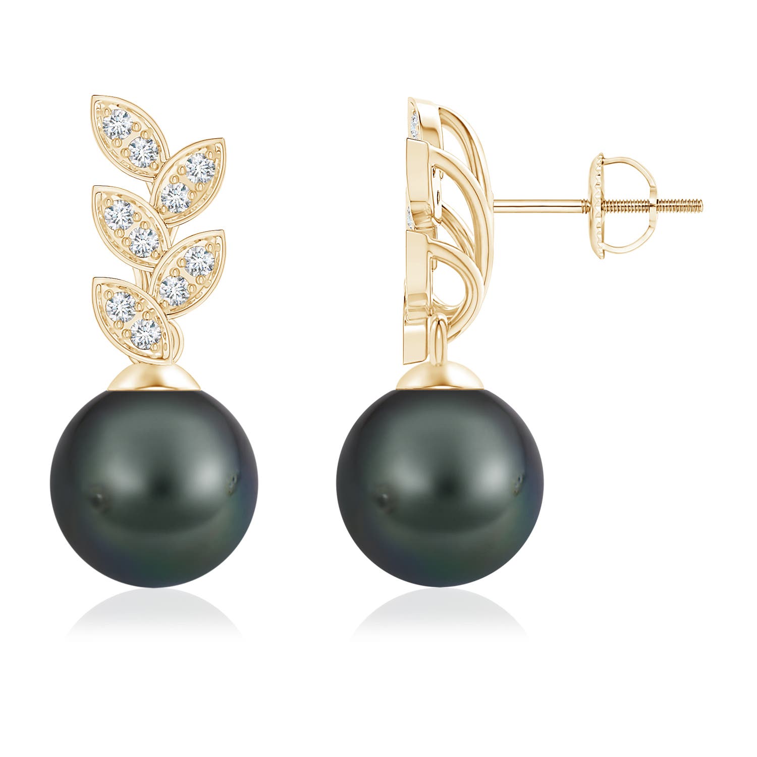 9mm A Tahitian Pearl & Diamond Leaf Earrings in Yellow Gold