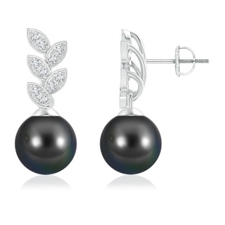 9mm AA Tahitian Pearl & Diamond Leaf Earrings in White Gold