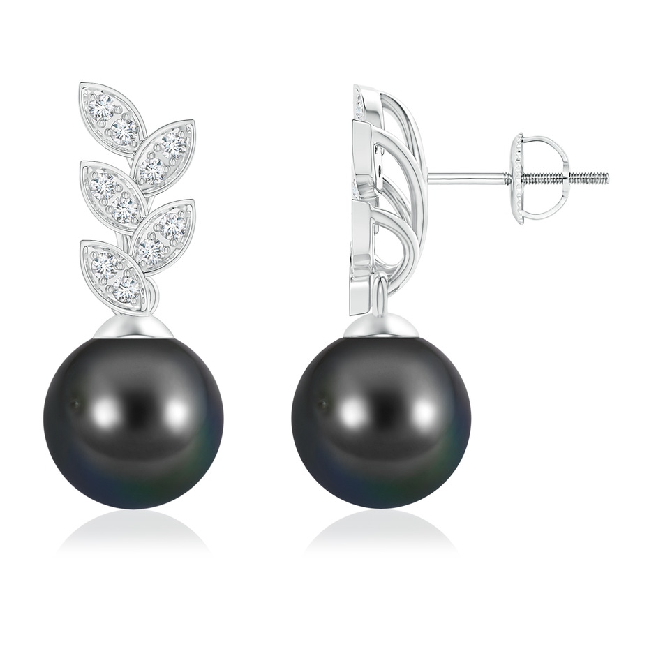 9mm AA Tahitian Pearl & Diamond Leaf Earrings in White Gold 