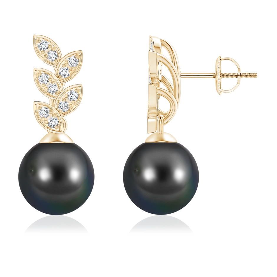9mm AA Tahitian Pearl & Diamond Leaf Earrings in Yellow Gold 