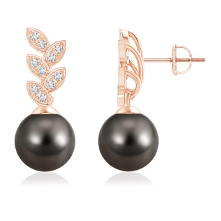 9mm AAA Tahitian Pearl & Diamond Leaf Earrings in 10K Rose Gold