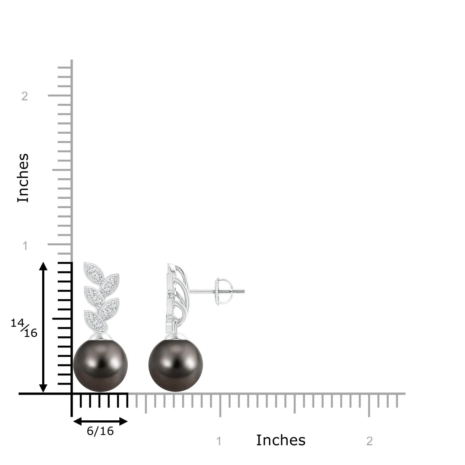 9mm AAA Tahitian Pearl & Diamond Leaf Earrings in White Gold - ruler