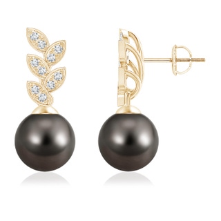 9mm AAA Tahitian Pearl & Diamond Leaf Earrings in Yellow Gold