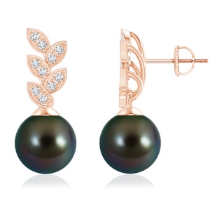 9mm AAAA Tahitian Pearl & Diamond Leaf Earrings in Rose Gold